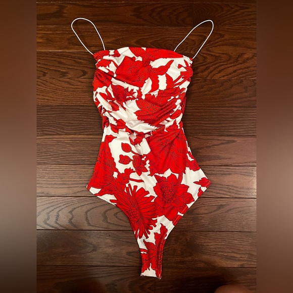 H&M Tops - H&M Red Floral One Piece Bodysuit Size XS